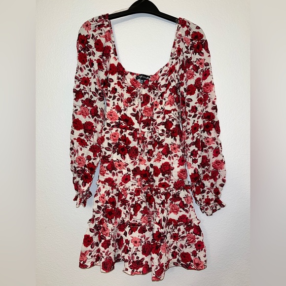 Floral Red and Pink Long Sleeve Puff-Sleeve Mini Dress - Picture 5 of 9